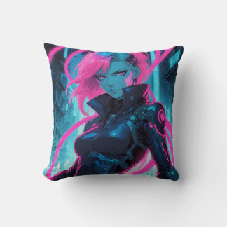 Vibrant Cyber Anime Girl Kudde