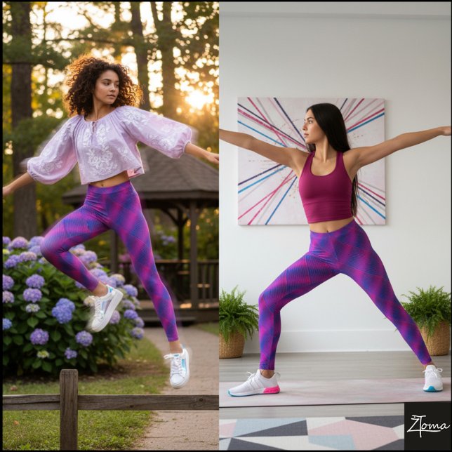 Vibrant Cyber Pink Blue Diagonal Plaid Leggings (Skapare uppladdad)