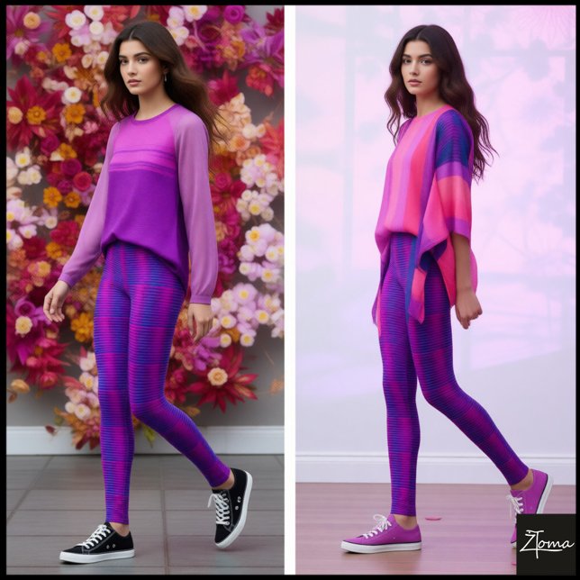 Vibrant Cyber Pink Blue Glitch Plaid Leggings (Skapare uppladdad)