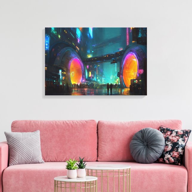 Vibrant Cyberpunk Cityscape with Arches Canvastryck (Insitu (Vardagsrum))