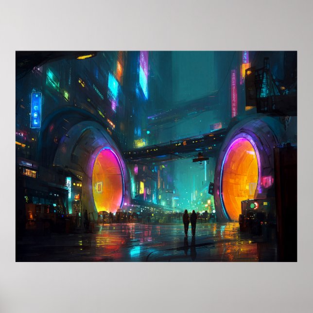 Vibrant Cyberpunk Cityscape with Arches Poster (Framsidan)