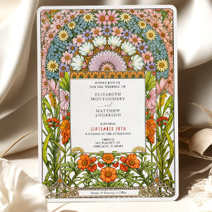 Vibrant Daisy och Orange Blommar Art nouveau Bröll Inbjudningar