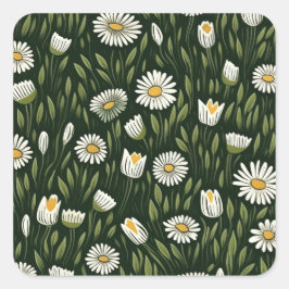 Vibrant Daisy Pattern with Lush Green Accents Fyrkantigt Klistermärke