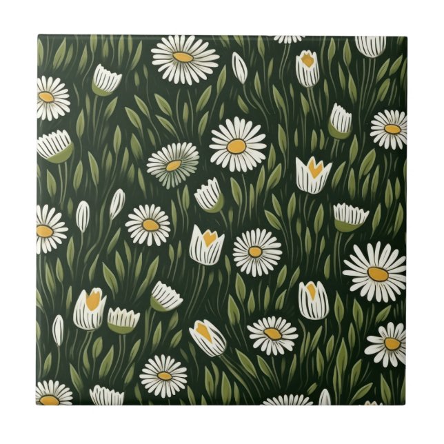 Vibrant Daisy Pattern with Lush Green Accents Kakelplatta (Framsidan)