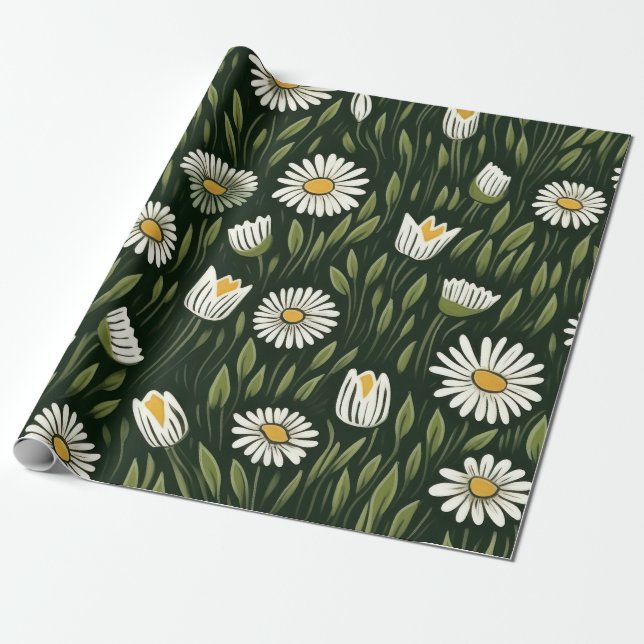 Vibrant Daisy Pattern with Lush Green Accents Presentpapper (Utrullad)