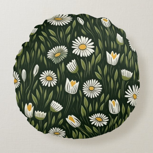 Vibrant Daisy Pattern with Lush Green Accents Rund Kudde (Framsidan)
