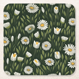 Vibrant Daisy Pattern with Lush Green Accents Underlägg Papper Kvadrat