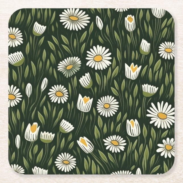 Vibrant Daisy Pattern with Lush Green Accents Underlägg Papper Kvadrat (Framsidan)