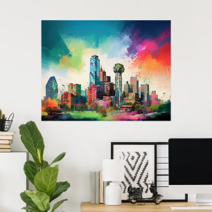 Vibrant Dallas Skyline Graffiti Art Poster