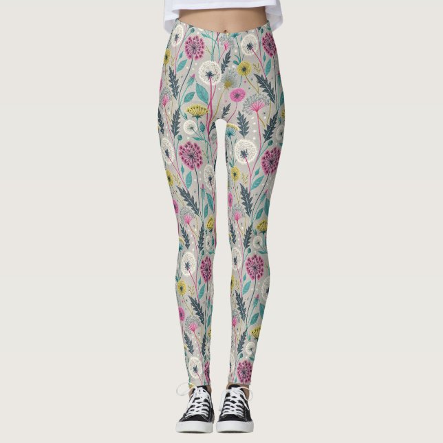 Vibrant Dandelion och Foliage Seamless Mönster Leggings (Framsida)