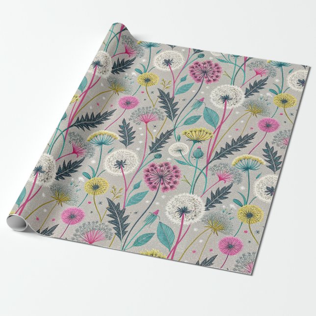 Vibrant Dandelion och Foliage Seamless Mönster Presentpapper (Utrullad)