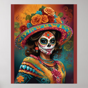 Vibrant Day of the dead Woman i Skull Makeup Poster
