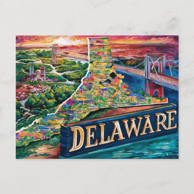 Vibrant Delaware Karta Art Vykort (Framsida)