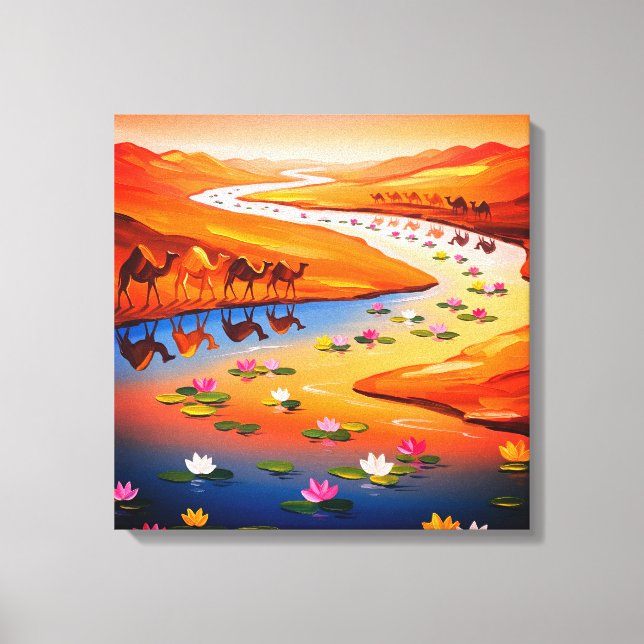 Vibrant Desert Oasis Painting with Camel Caravan Canvastryck (Framsida)
