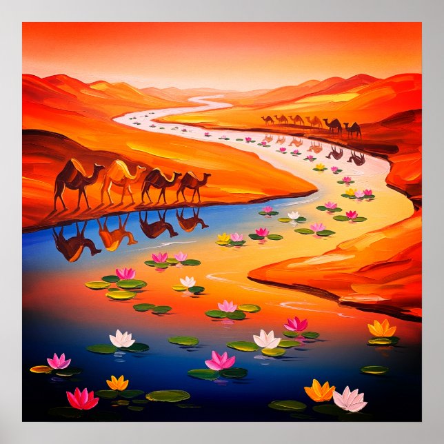 Vibrant Desert Oasis Painting with Camel Caravan Poster (Framsidan)