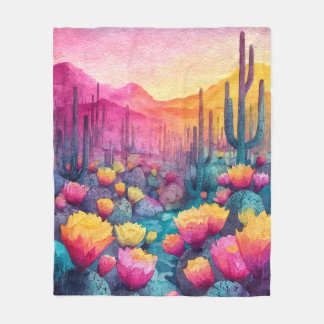 Vibrant Desert Sunset Cactus Bloom Blanket Fleecefilt