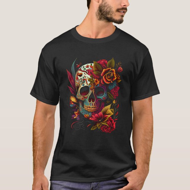Vibrant Dia de los Muertos Skull T Shirt (Framsida)