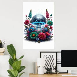 Vibrant Digital Disco Boll Mushroom Poster