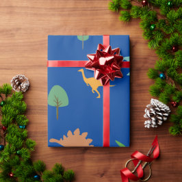 Vibrant Dino och Träd Wrapping Papper på Deep Blue Presentpapper