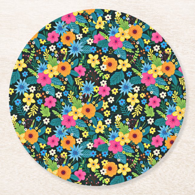 Vibrant Ditsy Flowers Blommönster-43785 Underlägg Papper Rund (Framsidan)