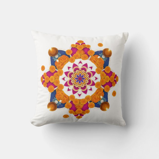 Vibrant Diwali Marigold Rangoli Pillow Cover Kudde (Framsida)