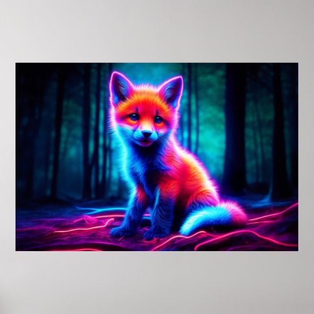 Vibrant drömliknande räv med elektriska färg-huvar poster (Framsidan)