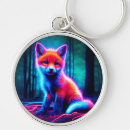 Vibrant drömliknande räv med elektriska färg-huvar rund silverfärgad nyckelring