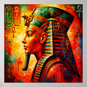 Vibrant egyptisk Pharaoh Porträtt med Hieroglyfer Poster