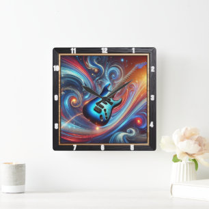 Vibrant Electric Guitar Amidst a Swirl of Abstrakt Fyrkantig Klocka