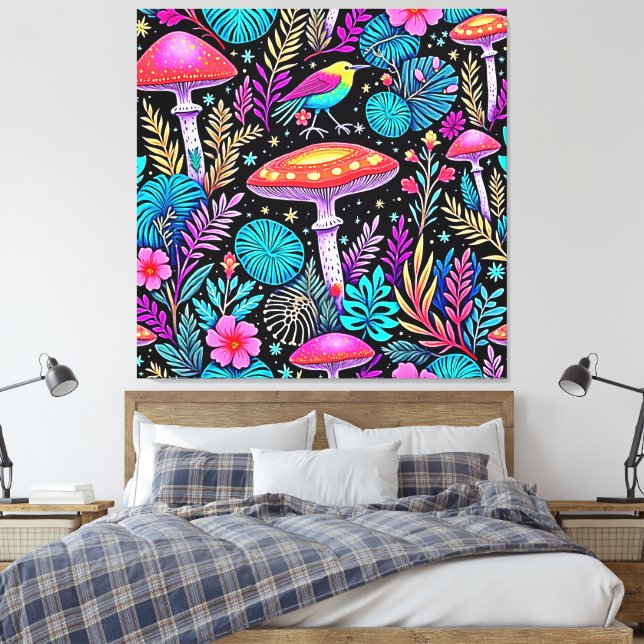 Vibrant Enchanted Forest Mushroom Artwork Canvastryck (Insitu (sovrum))