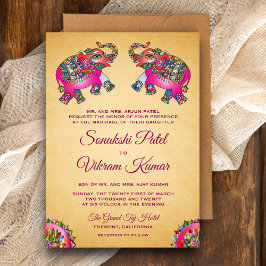 Vibrant Ethnic Rosa Elephants Indian Bröllop Inbjudningar