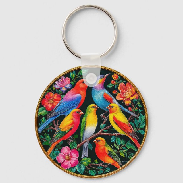 Vibrant fågel som utfördes på Blommar Grenar Nyckelring (Framsida)