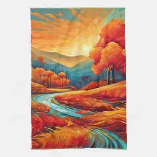Vibrant Fall River Scene Kökshandduk