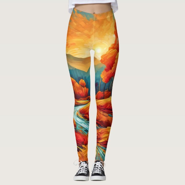 Vibrant Fall River Scene Leggings (Framsida)