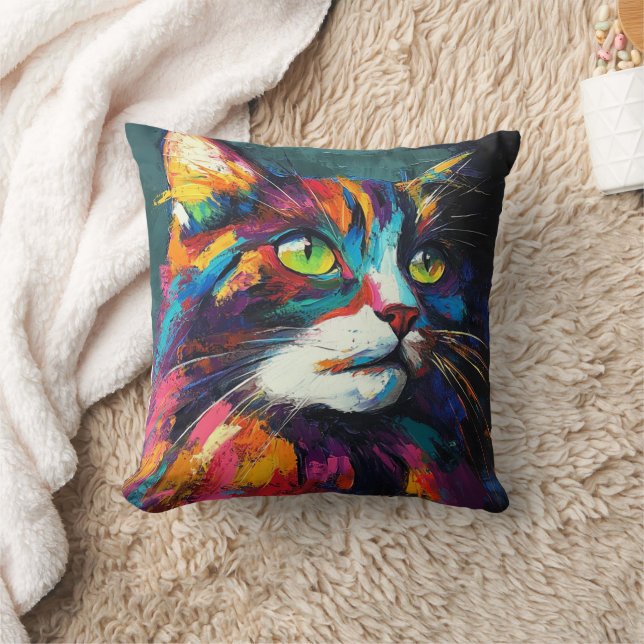Vibrant Färg Cat Ansikte Art Decorative Pillow Kudde (Filt)