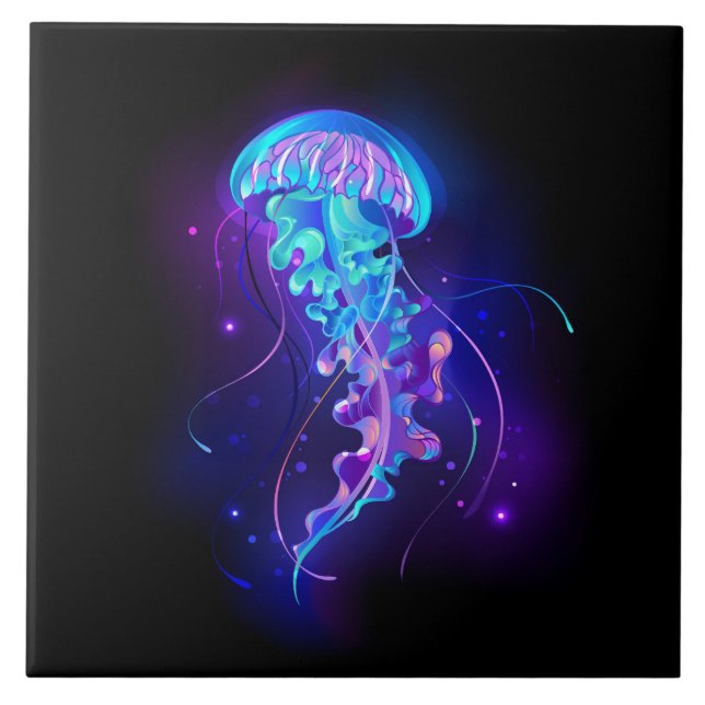 Vibrant Färg Glowing Jellyfish Kakelplatta (Framsidan)