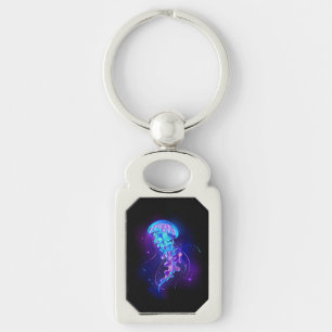 Vibrant Färg Glowing Jellyfish Rektangulärt Silverfärgad Nyckelring