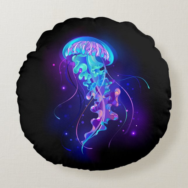Vibrant Färg Glowing Jellyfish Rund Kudde (Framsidan)
