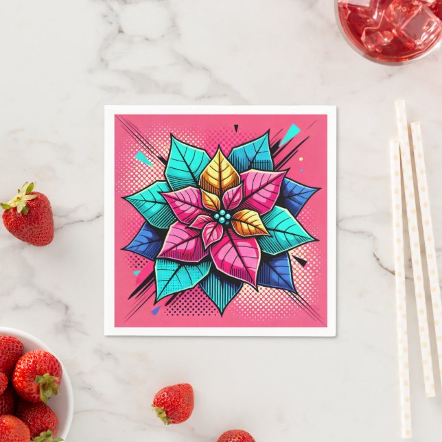 Vibrant Färg Retro Pop Art Poinsettia Découpage Pappersservett (Insitu)