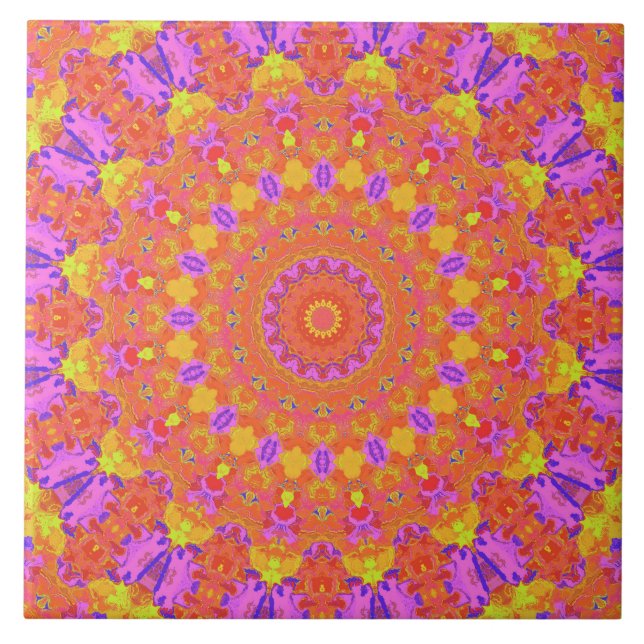 Vibrant färgfull Psychedelic Abstrakt Kaleidoskop Kakelplatta (Framsidan)