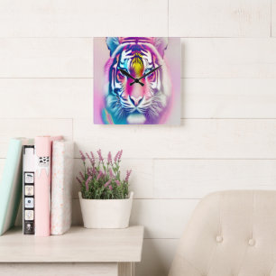 Vibrant färgfull tiger Ansikte Modern Wildlife Fyrkantig Klocka