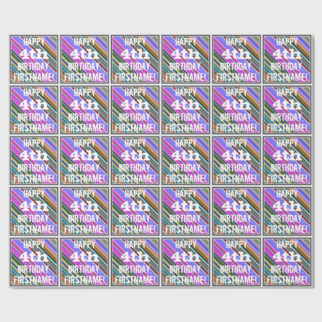Vibrant, färglöst 4e födelsedagen + anpassat namn presentpapper (Platt)