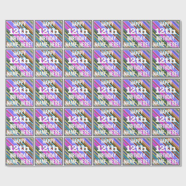 Vibrant, färgstark 12:e-födelsedag + eget namn presentpapper (Platt)