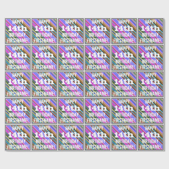 Vibrant, färgstark 14:e födelsedag + anpassat namn presentpapper (Platt)