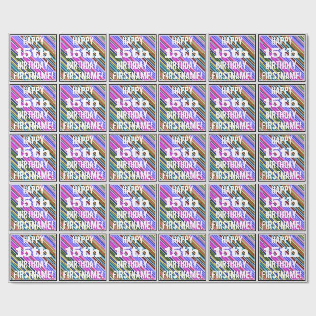 Vibrant, färgstark 15:e födelsedag + anpassat namn presentpapper (Platt)