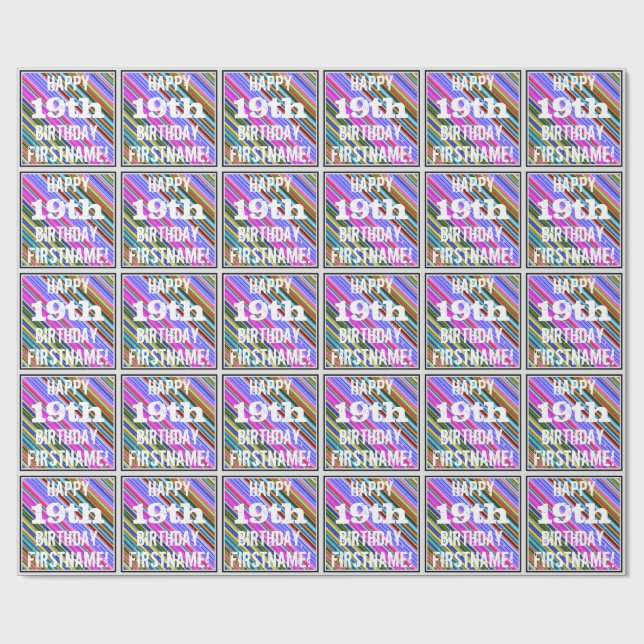 Vibrant, färgstark 19:e födelsedag + anpassat namn presentpapper (Platt)