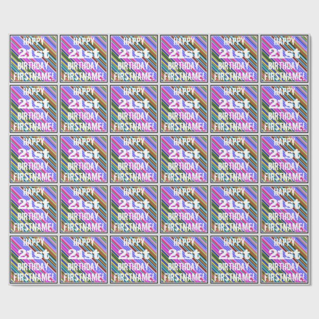 Vibrant, färgstark 21:a födelsedag + anpassat namn presentpapper (Platt)