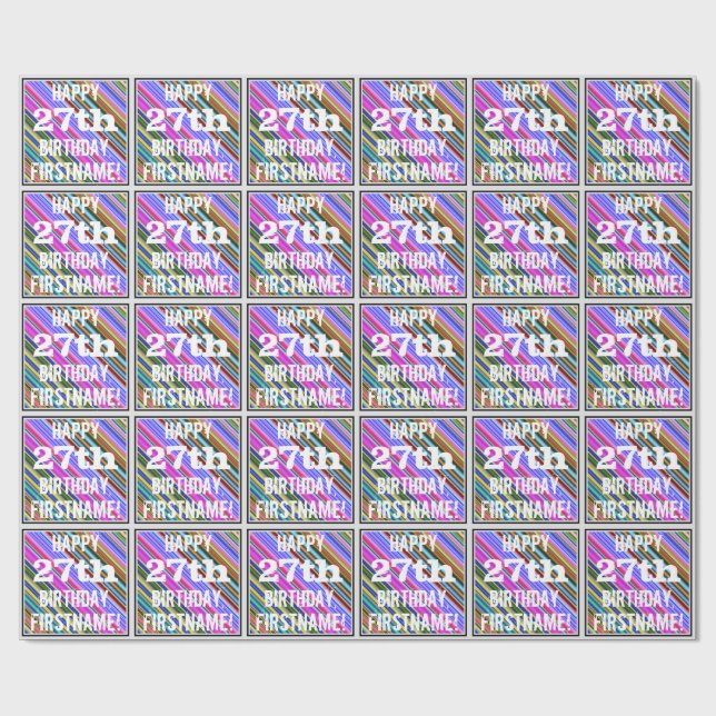 Vibrant, färgstark 27:e födelsedag + anpassat namn presentpapper (Platt)