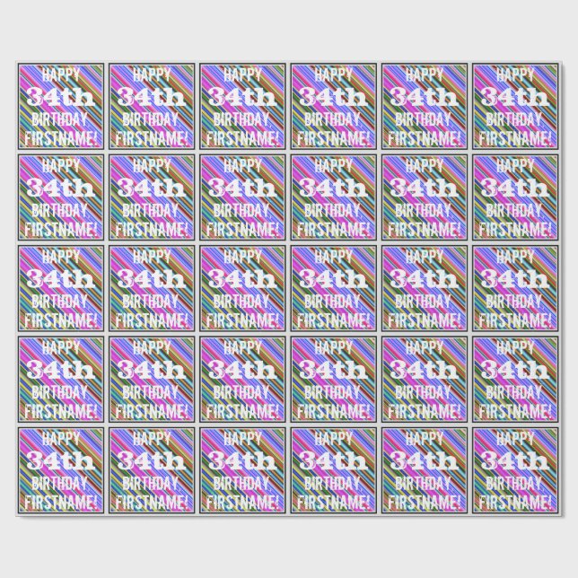 Vibrant, färgstark 34:e födelsedagen + anpassat na presentpapper (Platt)