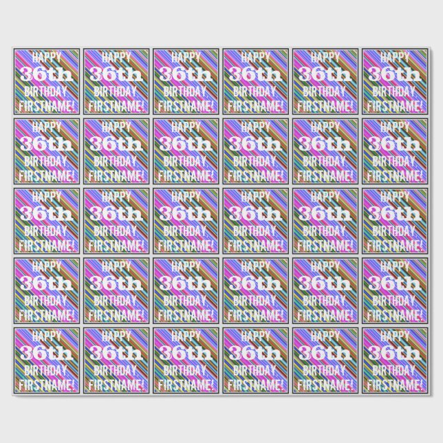 Vibrant, färgstark 36:e födelsedag + anpassat namn presentpapper (Platt)